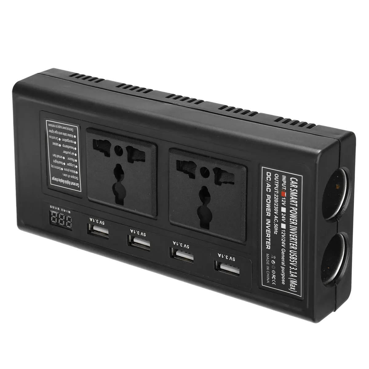 200W 12V To 220V DC/AC Car Power Inverter with 4 USB 2 Universal Socket Independent Switch Voltage Digital Display