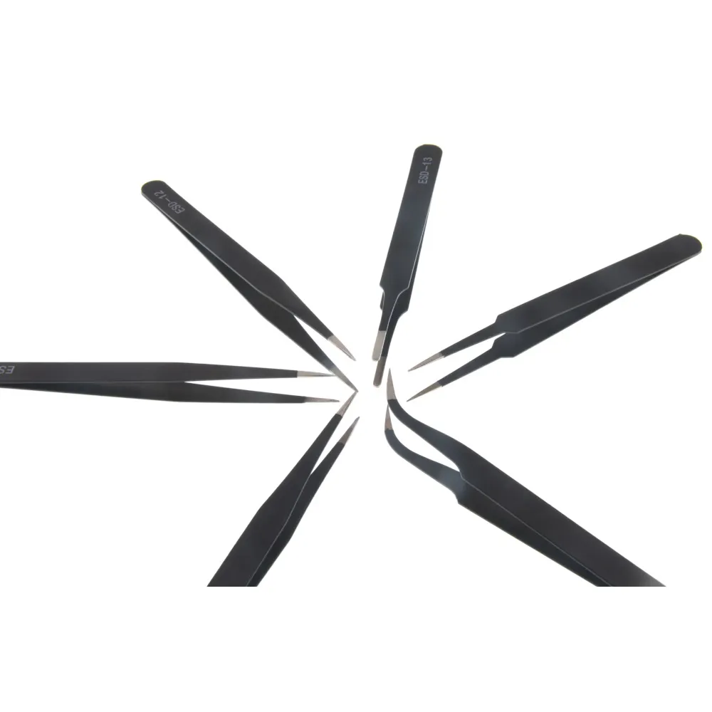 6PCS ESD10-15MM Stainless Steel Tweezers Industrial Curved Straight Repair Tools Tweezers