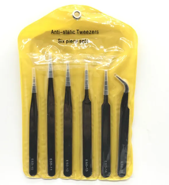 6PCS ESD10-15MM Stainless Steel Tweezers Industrial Curved Straight Repair Tools Tweezers