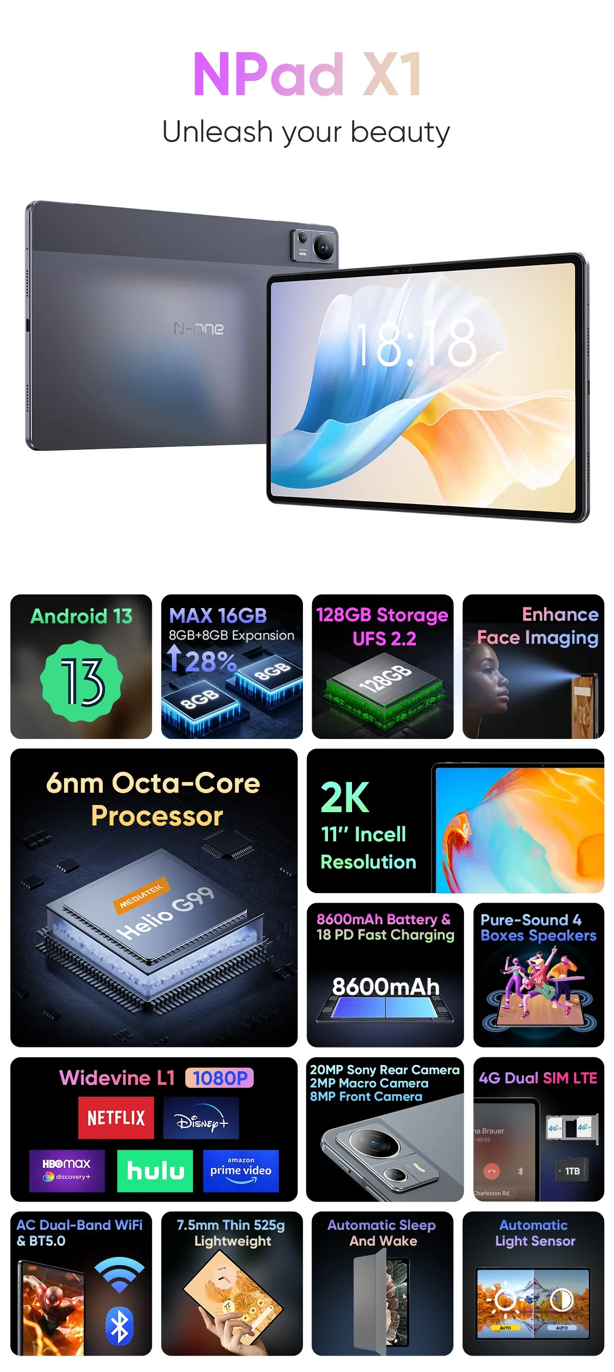 N-One NPad X1 Helio G99 MTK8781 Octa Core 16GB RAM 128GB ROM Netflix Widevine L1 4G LTE Face Unlock 11 Inch 2K Screen Android 13 Tablet N-One NPad X1 Helio G99 MTK8781 Octa Core 16GB RAM 128GB ROM Netflix Widevine L1 4G LTE Face Unlock 11 Inch 2K Screen Android 13 Tablet