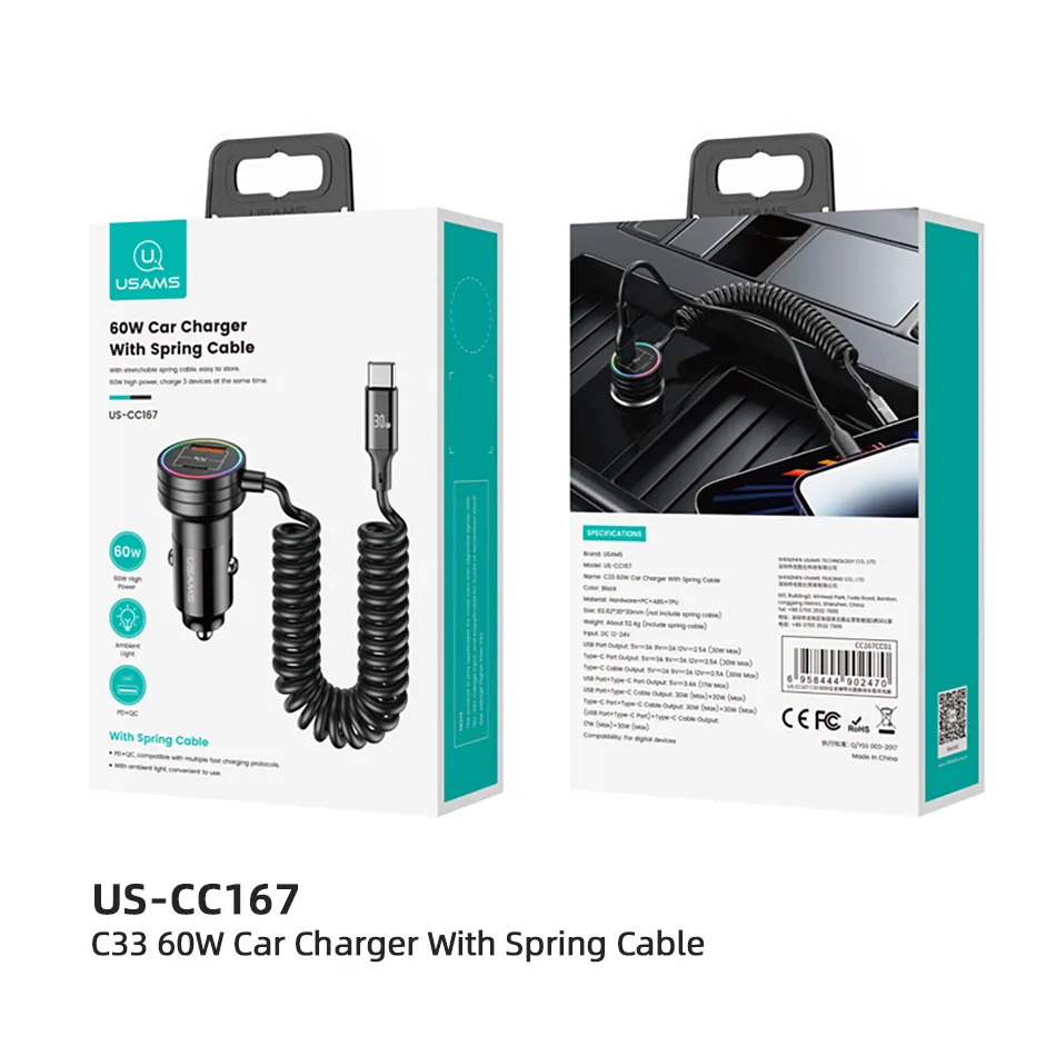 USAMS C33 60W 12-24V Car Charger USB Type C PD Fast Charge Hardware Plastic Belt with Aperture Spring Cable