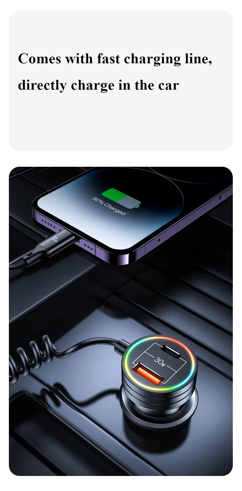 USAMS C33 60W 12-24V Car Charger USB Type C PD Fast Charge Hardware Plastic Belt with Aperture Spring Cable