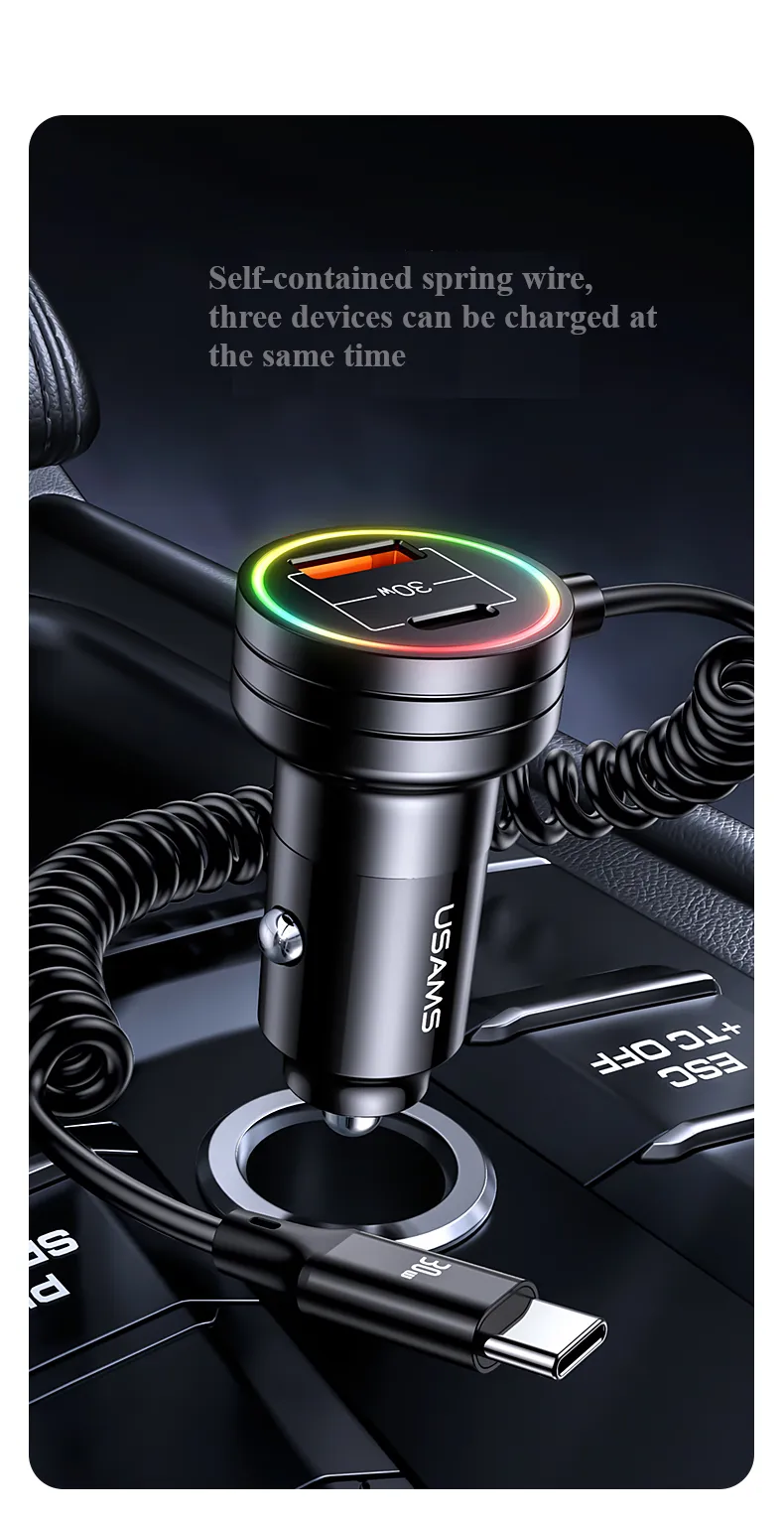 USAMS C33 60W 12-24V Car Charger USB Type C PD Fast Charge Hardware Plastic Belt with Aperture Spring Cable