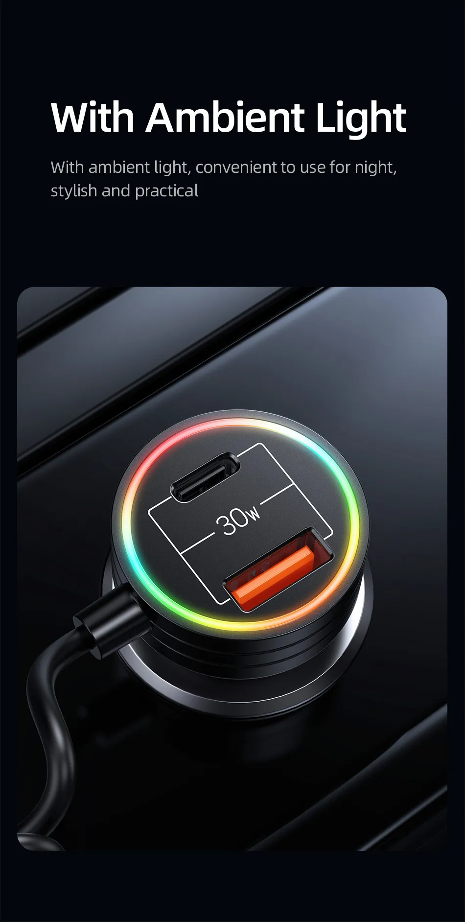 USAMS C33 60W 12-24V Car Charger USB Type C PD Fast Charge Hardware Plastic Belt with Aperture Spring Cable