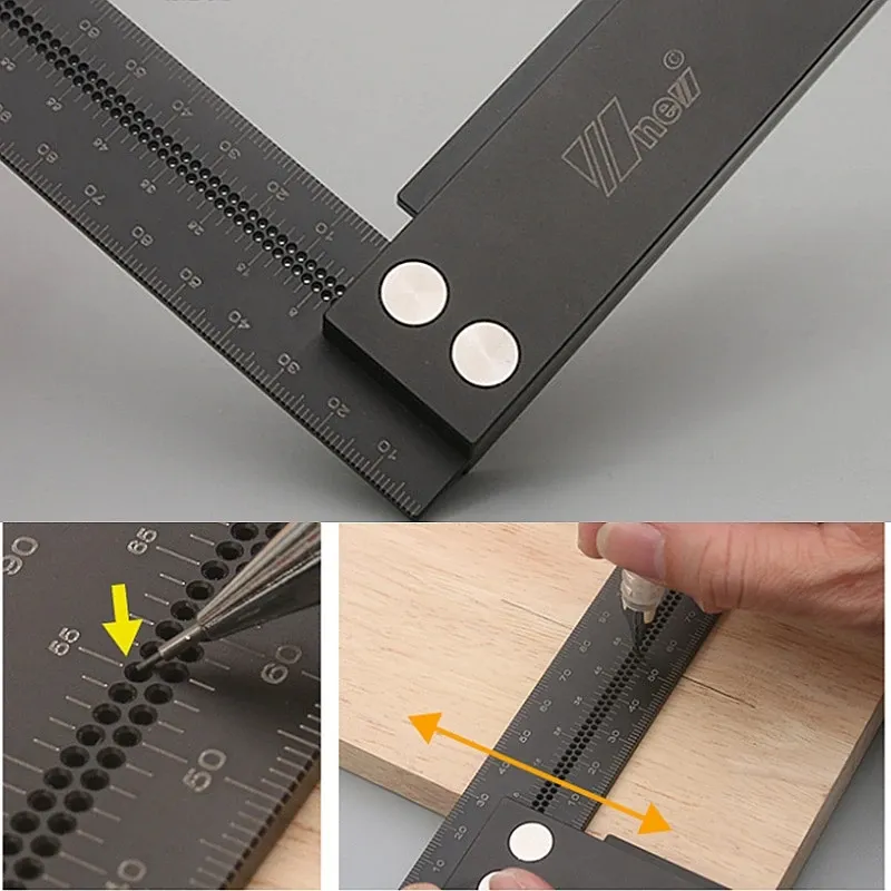 Wnew MM/Inch Precision Woodworking Square Aluminum Alloy Ruler Carpenter Line Drawing Marking Gauge Hole Scribing Ruler