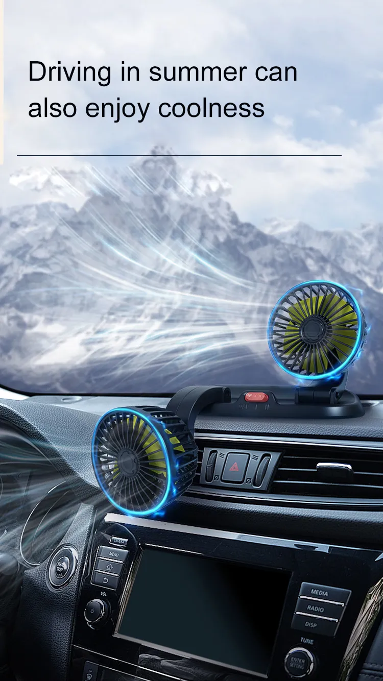12V Dual-Head Car Fan Cooling Fans 360° 2 Speed Adjustable Mini Size Five-blade Strong Wind with Parking Number Plate For Auto Cooler
