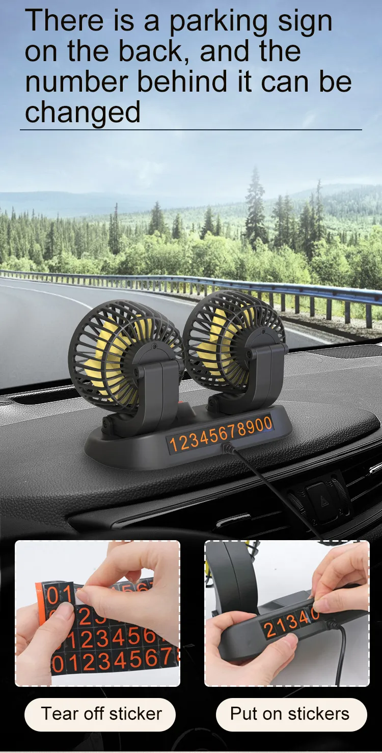 12V Dual-Head Car Fan Cooling Fans 360° 2 Speed Adjustable Mini Size Five-blade Strong Wind with Parking Number Plate For Auto Cooler