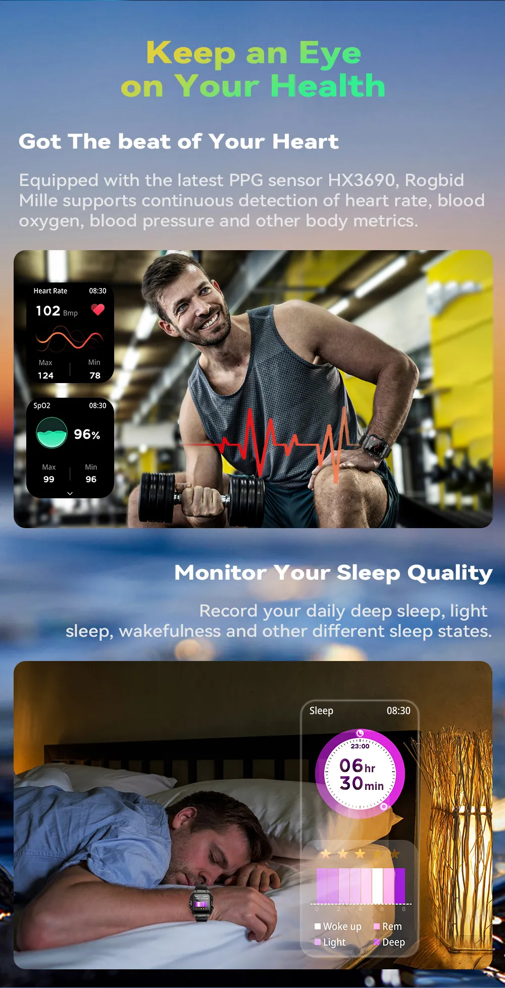 [75 Days Standby]Rogbid Mille 1.91 inch IPS 5ATM IP69K Waterproof BT5.3 Heart Rate Blood Pressure SpO2 Monitor Fitness Tracker Outdoor Rugged Smart Watch