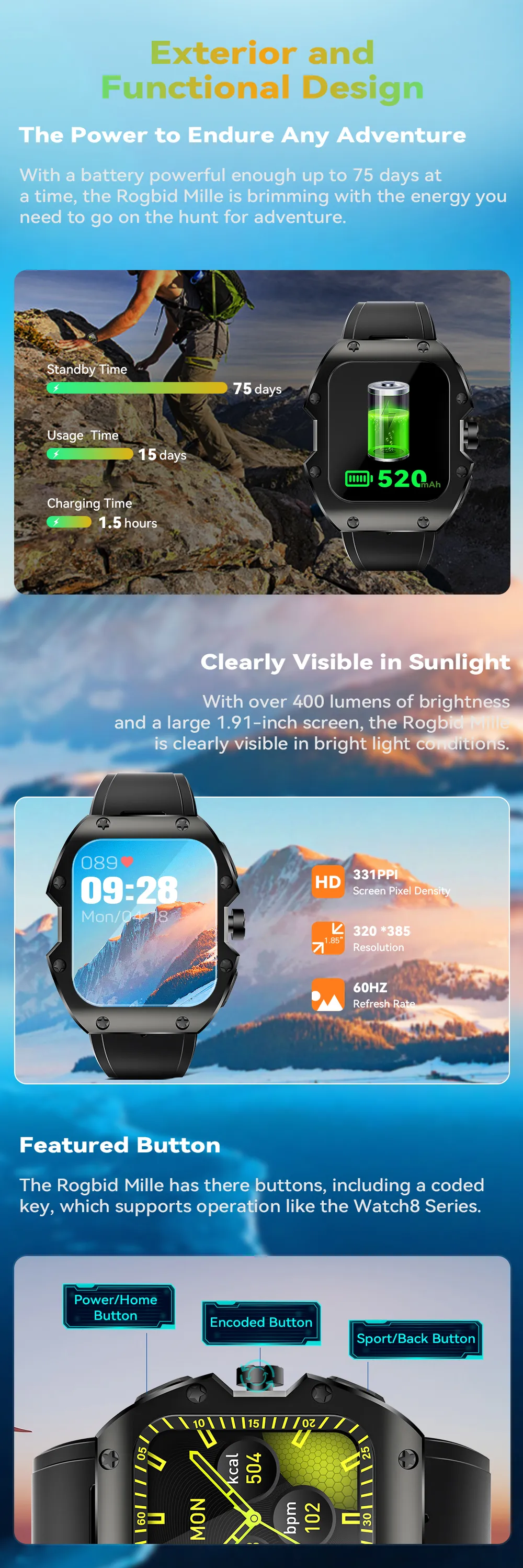 [75 Days Standby]Rogbid Mille 1.91 inch IPS 5ATM IP69K Waterproof BT5.3 Heart Rate Blood Pressure SpO2 Monitor Fitness Tracker Outdoor Rugged Smart Watch