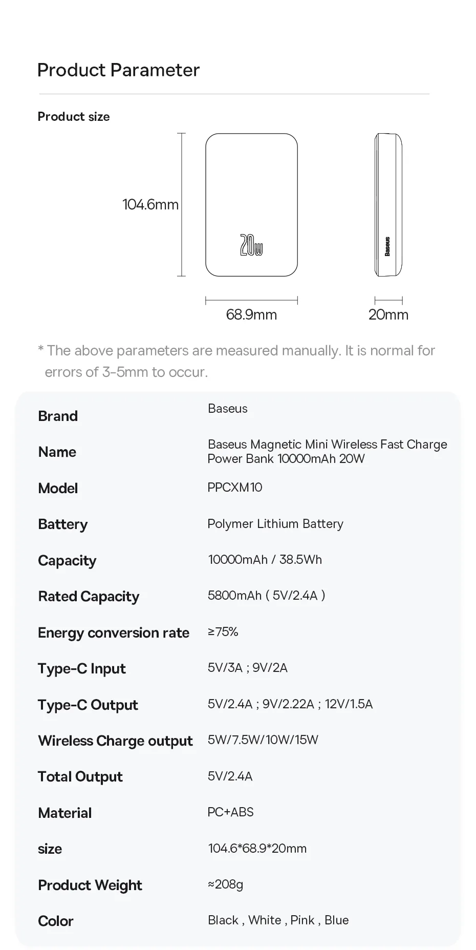 Baseus 20W 10000mAh Mini Power Bank Magnetico con Ricarica Rapida Wireless per iPhone 13 Pro Max per Samsung Galaxy Note S21 Ultra Huawei Mate40 OnePlus 8 Pro