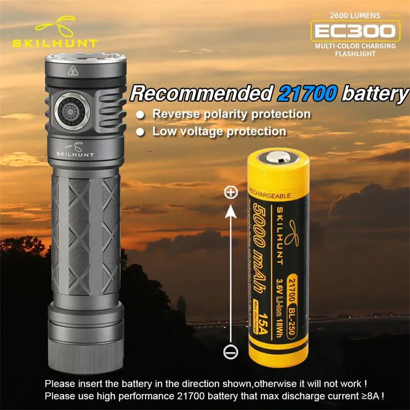 SKILHUNT EC300 SST20 2600 Lumens 21700 Rechargeable LED Flashlight With Multi-color RGBW Light For Outdoor Activitives SKILHUNT EC300 SST20 2600 Lumens 21700 Rechargeable LED Flashlight With Multi-color RGBW Light For Outdoor Activitives