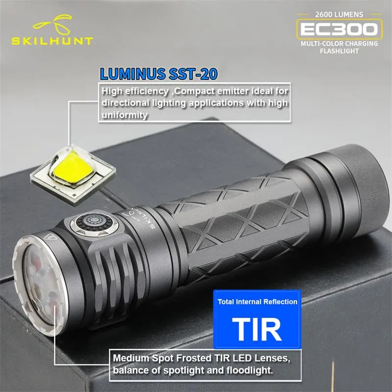 SKILHUNT EC300 SST20 2600 Lumens 21700 Rechargeable LED Flashlight With Multi-color RGBW Light For Outdoor Activitives SKILHUNT EC300 SST20 2600 Lumens 21700 Rechargeable LED Flashlight With Multi-color RGBW Light For Outdoor Activitives