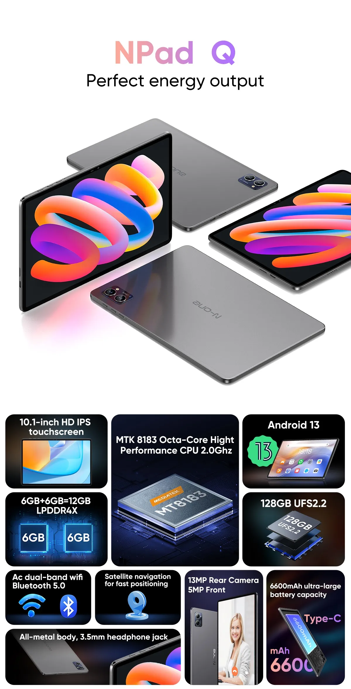 [Updated Version] N-ONE NPad Q MT8183 Octa Core 6GB+6GB RAM 128GB ROM 10.1 Inch Android 13 Tablet