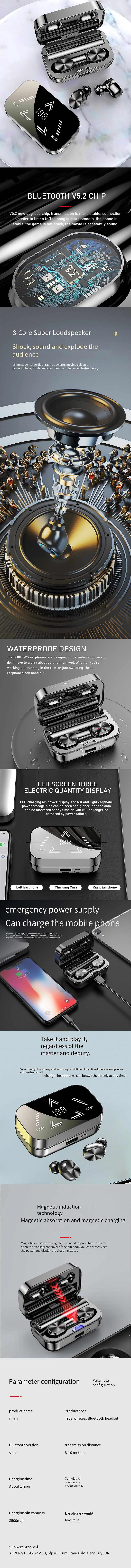 T16B TWS Bluetooth 5.2 Kopfhörer HiFi Surround Stereo 1200mAh Akku Wasserdicht LED Digitalanzeige Touch Control In-Ear Sportkopfhörer