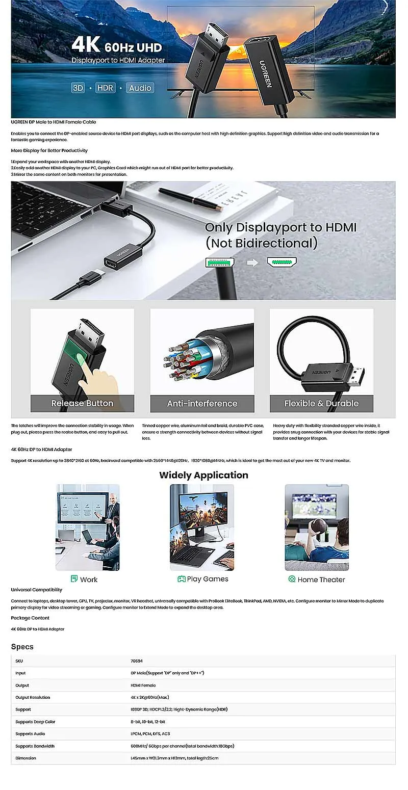 UGREEN MM137 4K 60Hz DP to HDMI Adapter for Laptop Desktop TV Projector UGREEN MM137 4K 60Hz DP to HDMI Adapter for Laptop Desktop TV Projector
