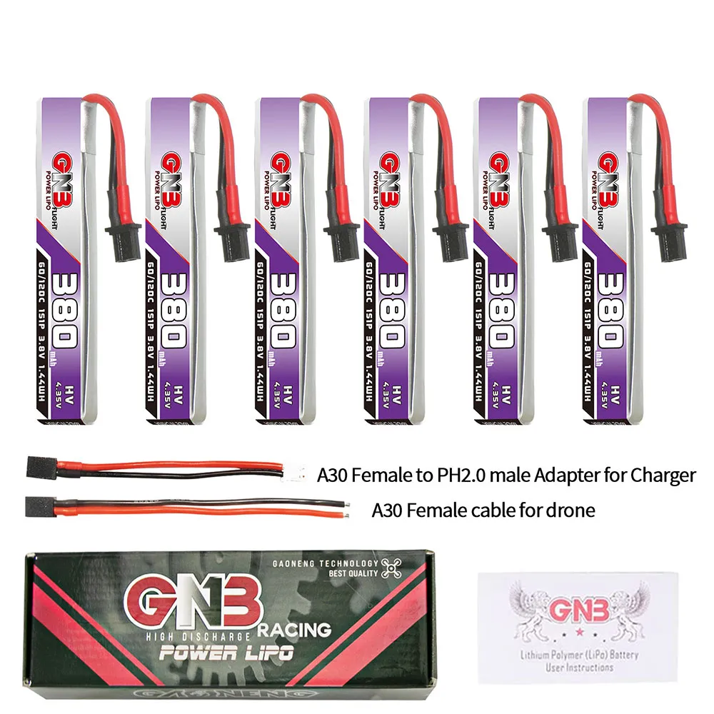 6Pcs Gaoneng 3.8V 380mAh 60C 1S LiHV Battery A30 Plug With Adapter Cable for Happymodel Mobula6 BetaFPV Meteor65 6Pcs Gaoneng 3.8V 380mAh 60C 1S LiHV Battery A30 Plug With Adapter Cable for Happymodel Mobula6 BetaFPV Meteor65