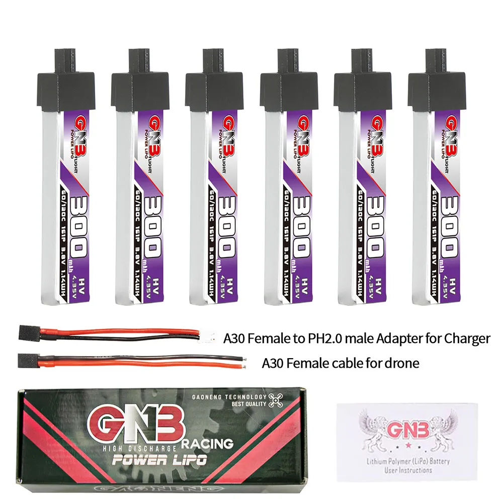6Pcs Gaoneng 3.8V 300mAh 60C 1S LiHV Battery A30 Plug With Adapter Cable for Happymodel Mobula6