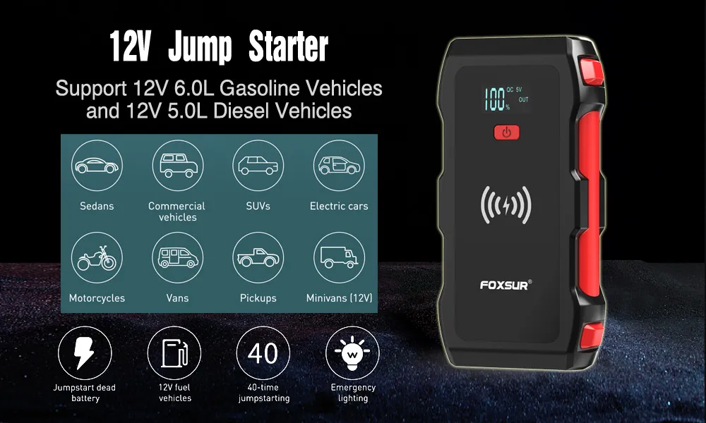 FOXSUR 26800mAh Starthilfe 12V Power Bank Auto Notfall Start Netzteil 5V/2A Mit LED Licht