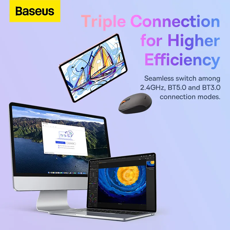 Baseus F01B Tri-mode Wireless Mouse 800/1200/1600DPI 250Hz Silent Click Ergonomics for PC Computer