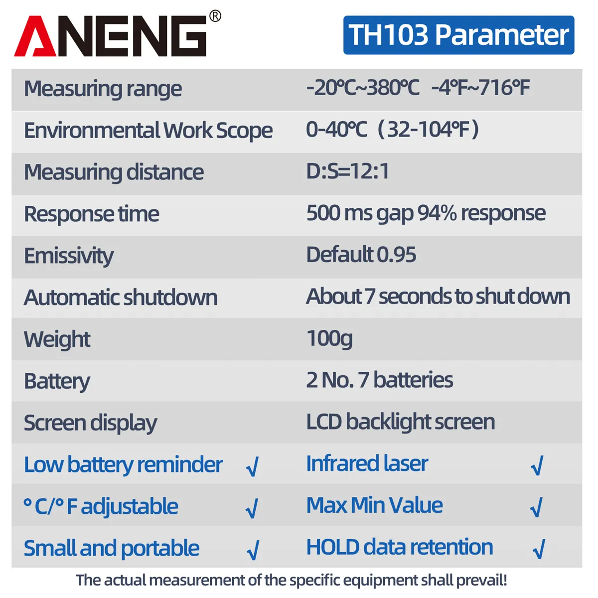 ANENG TH103 Class II Laser Infrared Thermometer Temperature Sensor Testers Gun -20°C~380℃ Industrial Thermal Tube Testing Tools