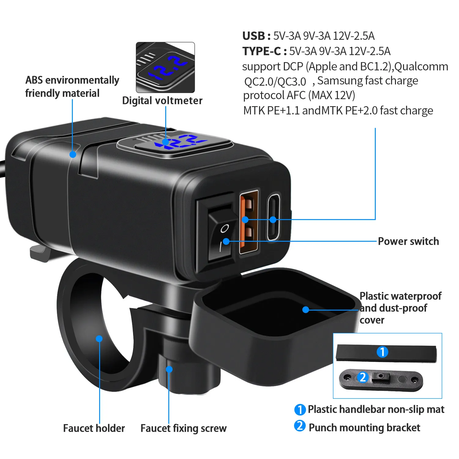 12V-24V QC3.0 Motorcycle USB Charger Adapter with Switch Voltmeter Socket Motor Charger Waterproof For Phone GPS