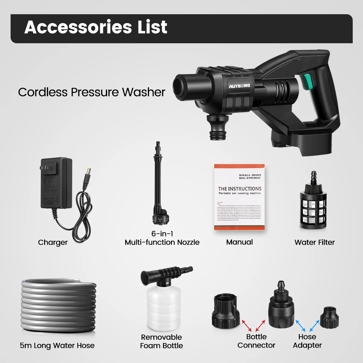 AUTSOME 6 In 1 Cordless Car High Pressure Car Washer Washing Cleaner Machine Water Spayer