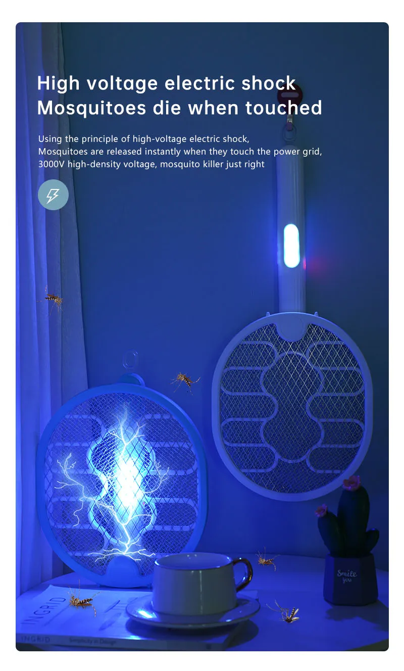 AGSIVO 3 In 1 3000V Cordless Rechargeable Electric Mosquito Bug Zapper Foldable Handheld Mosquito Killing Lamp