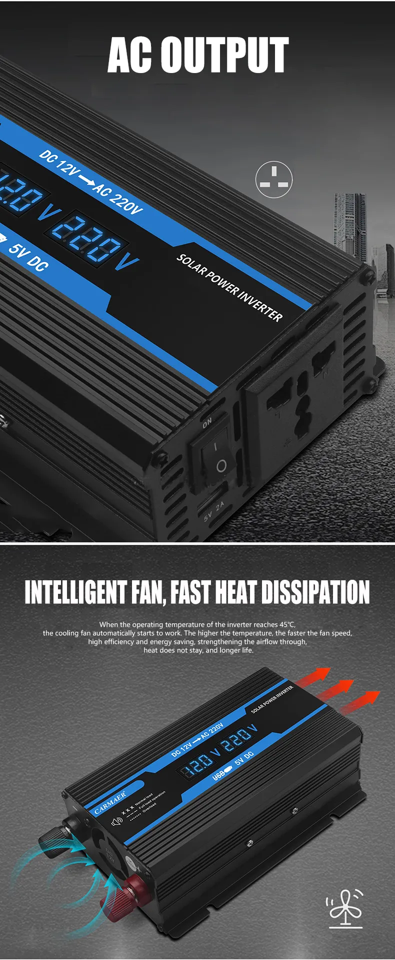 350W Modified Sine Wave Inverter 12V DC To 220V DC Solar Power Inverter With Dual Digital Display