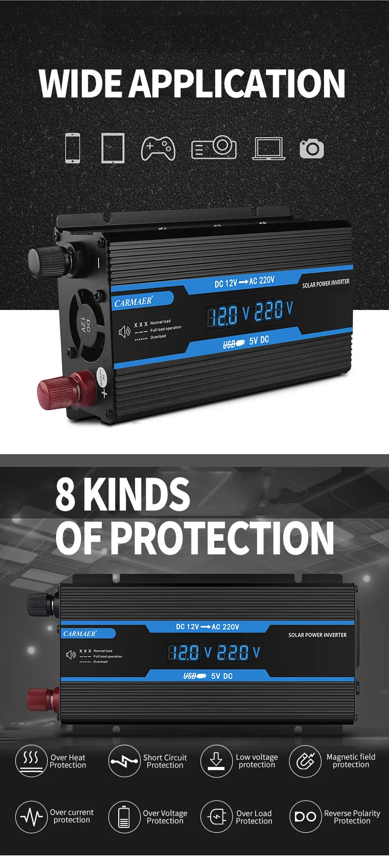 350W Modified Sine Wave Inverter 12V DC To 220V DC Solar Power Inverter With Dual Digital Display