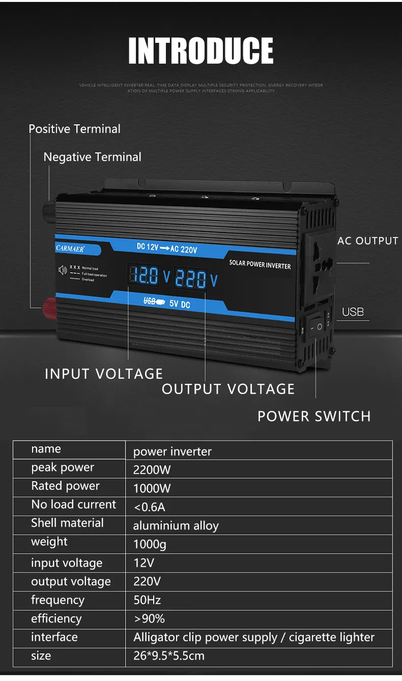 350W Modified Sine Wave Inverter 12V DC To 220V DC Solar Power Inverter With Dual Digital Display
