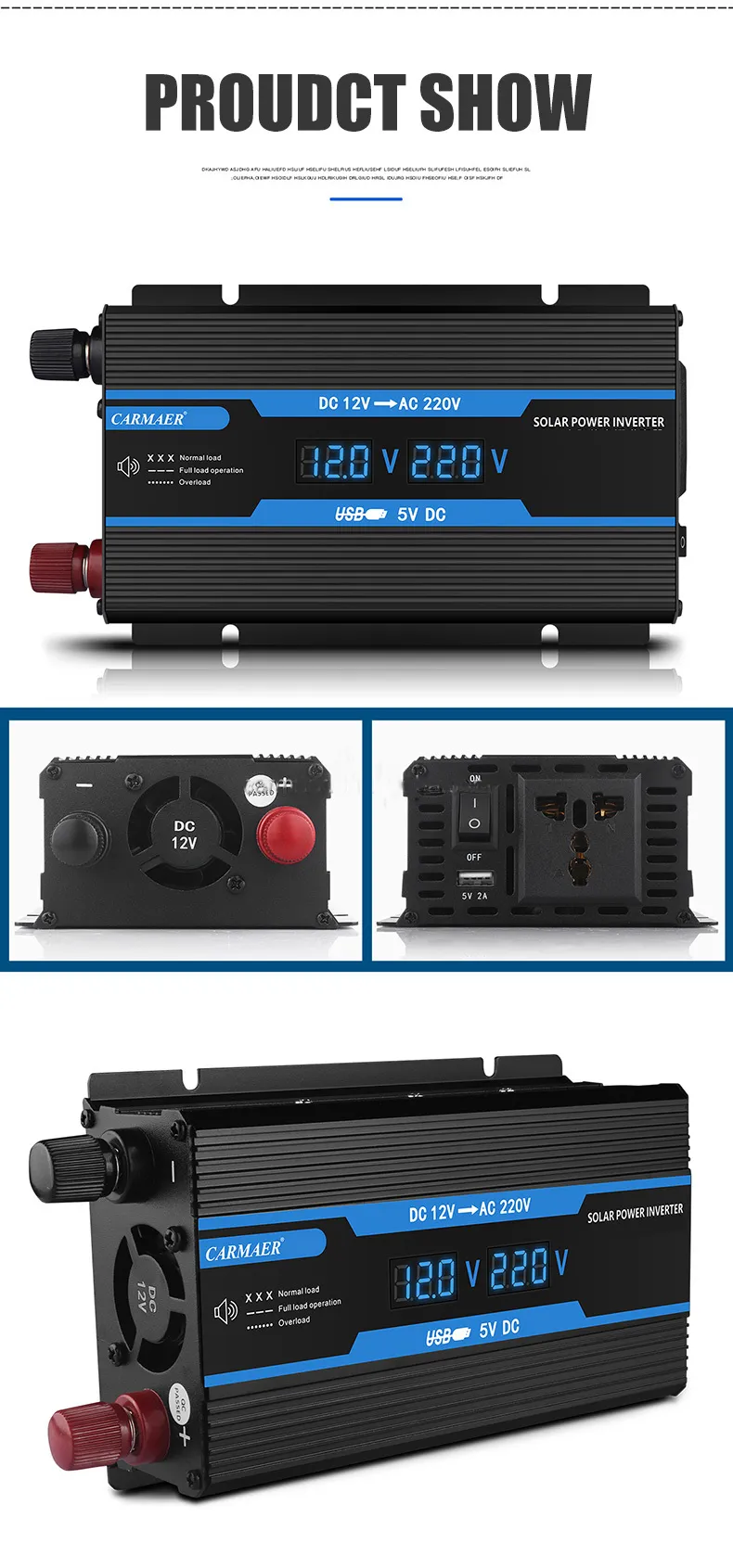 350W Modified Sine Wave Inverter 12V DC To 220V DC Solar Power Inverter With Dual Digital Display