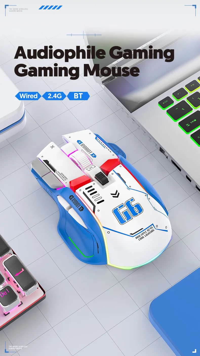 HXSJ G6 Wireless Gaming Mouse 10 Keys 11 RGB 1200-4000DPI Tri-mode Gamer Mouse for PC Laptop Computer