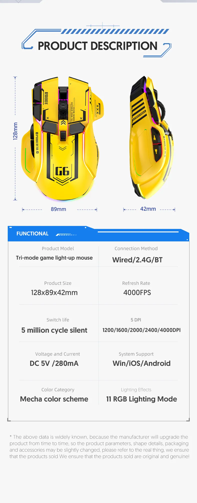 HXSJ G6 Wireless Gaming Mouse 10 Keys 11 RGB 1200-4000DPI Tri-mode Gamer Mouse for PC Laptop Computer