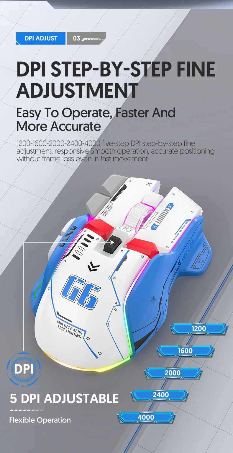 HXSJ G6 Wireless Gaming Mouse 10 Keys 11 RGB 1200-4000DPI Tri-mode Gamer Mouse for PC Laptop Computer