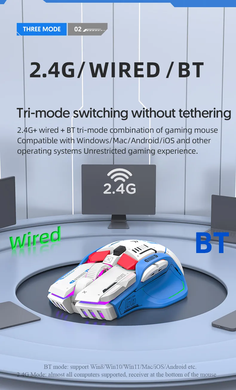 HXSJ G6 Wireless Gaming Mouse 10 Keys 11 RGB 1200-4000DPI Tri-mode Gamer Mouse for PC Laptop Computer
