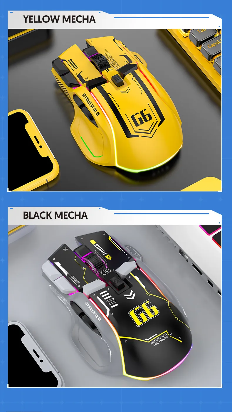 HXSJ G6 Wireless Gaming Mouse 10 Keys 11 RGB 1200-4000DPI Tri-mode Gamer Mouse for PC Laptop Computer