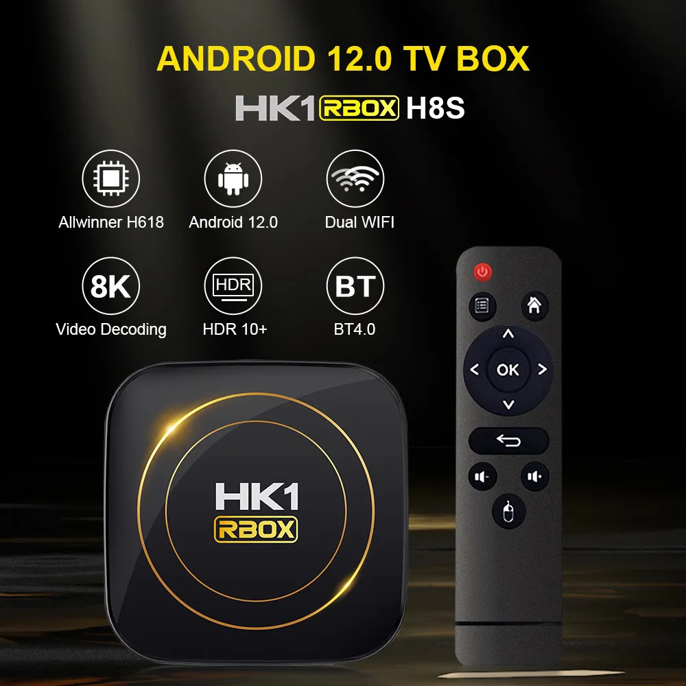 HK1 RBOX H8S Android 12 Smart TV Box 4+64G Dual Band 2.4G/5G WiFi Support bluetooth 4.0 8K HDR10+ Media Player Set Top Box