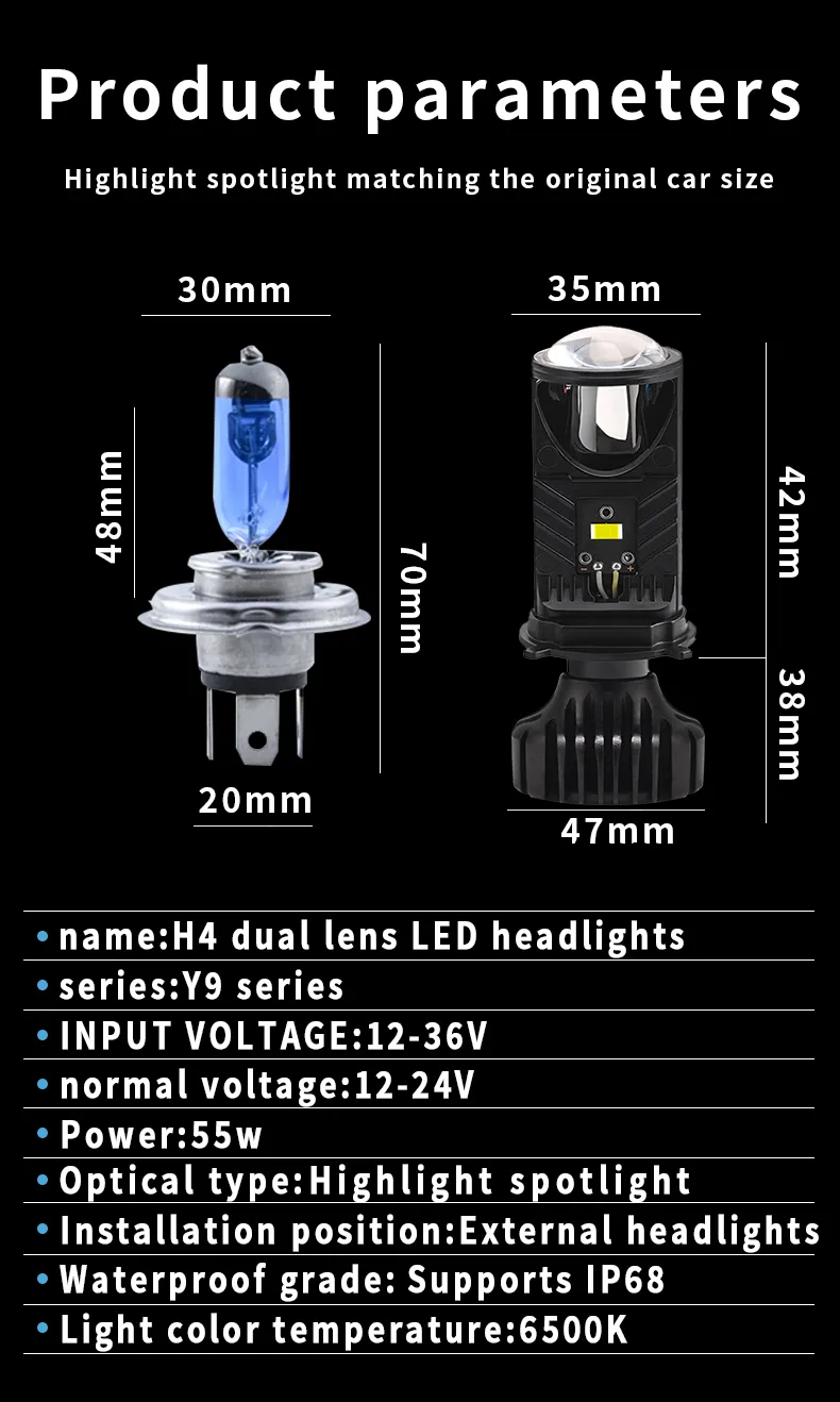 Infitary 12-36V Coppia Proiettore LED H4 6500K 55W Faro Universale per Auto e Moto IP68 Impermeabile