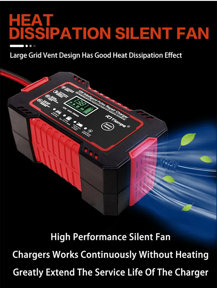 RJtianye European Standard 12V 6A Smart Pulse Repair Charger for SUV Motorcycle Charger LED Screen Display