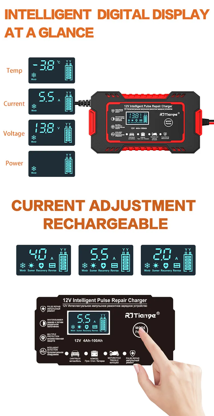 RJtianye European Standard 12V 6A Smart Pulse Repair Charger for SUV Motorcycle Charger LED Screen Display