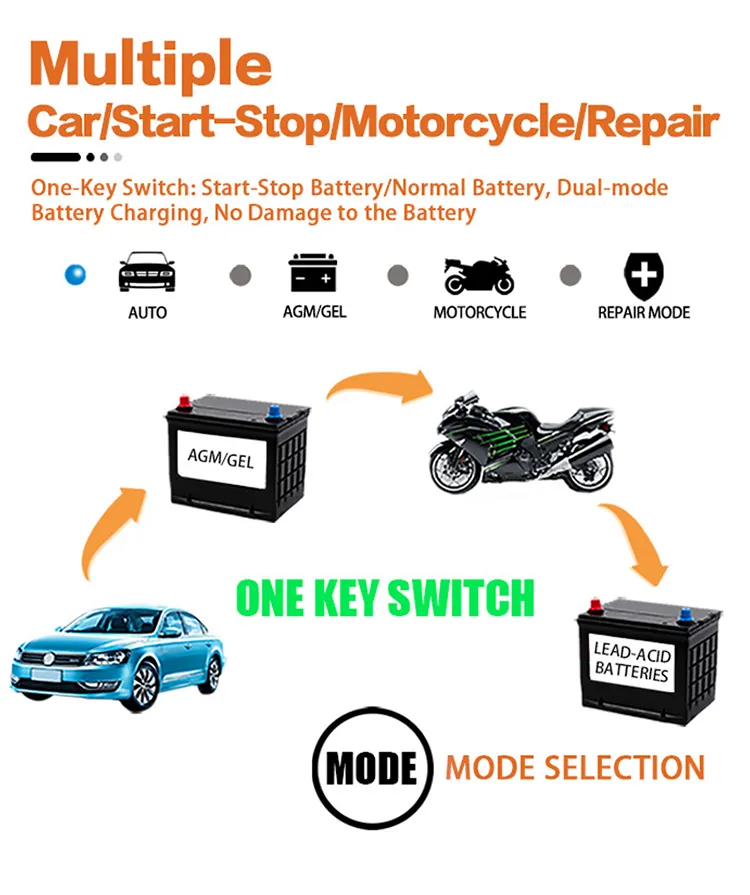 RJtianye European Standard 12V 6A Smart Pulse Repair Charger for SUV Motorcycle Charger LED Screen Display