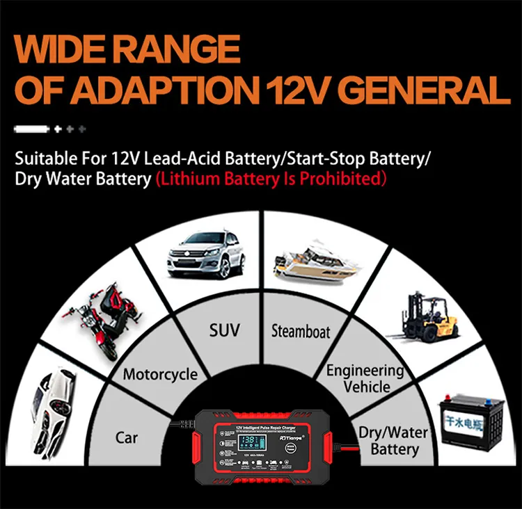 RJtianye European Standard 12V 6A Smart Pulse Repair Charger for SUV Motorcycle Charger LED Screen Display