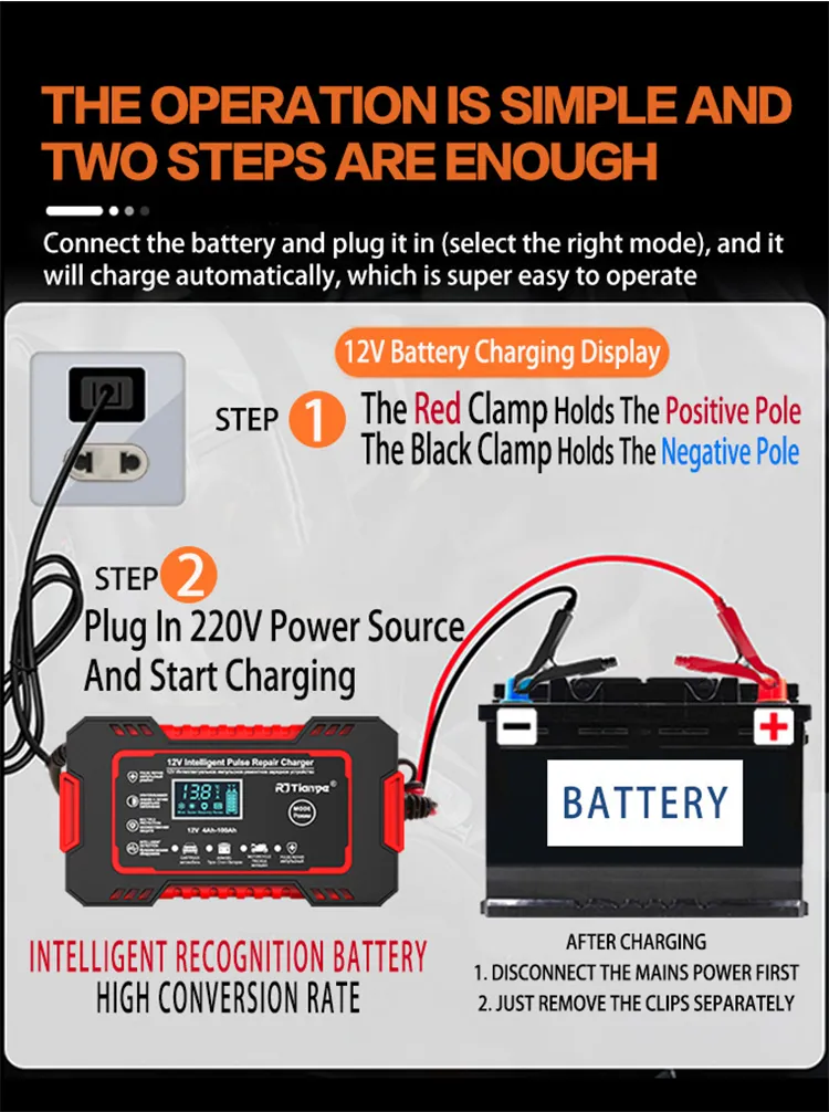 RJtianye European Standard 12V 6A Smart Pulse Repair Charger for SUV Motorcycle Charger LED Screen Display
