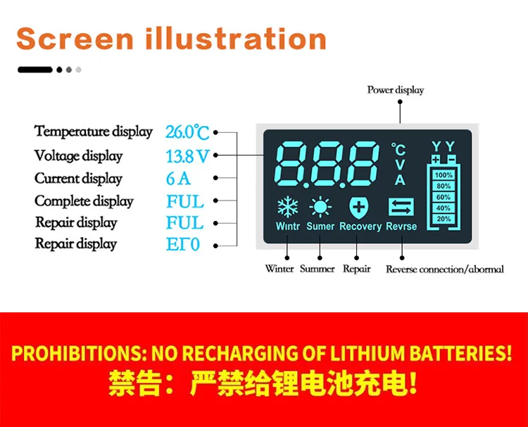 RJtianye European Standard 12V 6A Smart Pulse Repair Charger for SUV Motorcycle Charger LED Screen Display