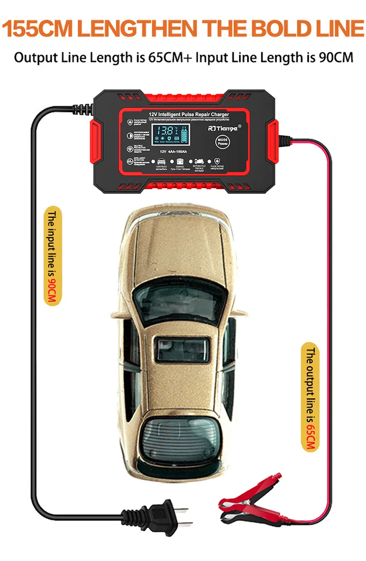 RJtianye European Standard 12V 6A Smart Pulse Repair Charger for SUV Motorcycle Charger LED Screen Display