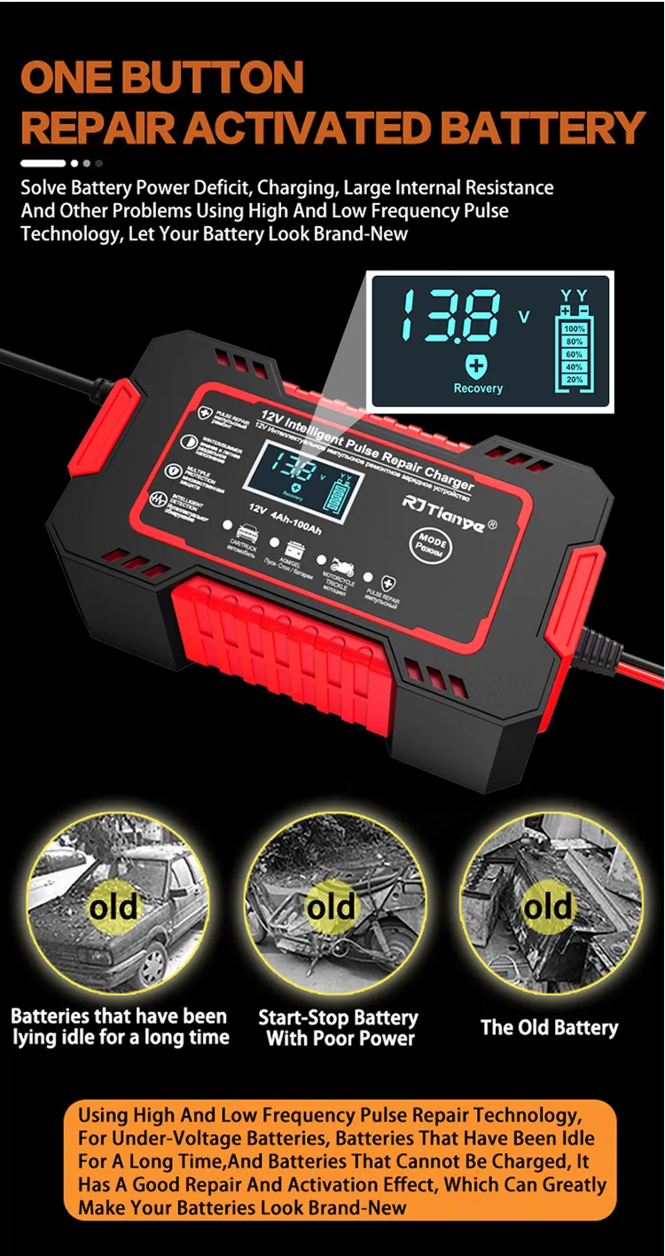 RJtianye European Standard 12V 6A Smart Pulse Repair Charger for SUV Motorcycle Charger LED Screen Display