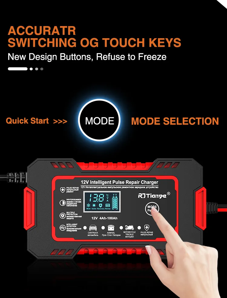 RJtianye European Standard 12V 6A Smart Pulse Repair Charger for SUV Motorcycle Charger LED Screen Display