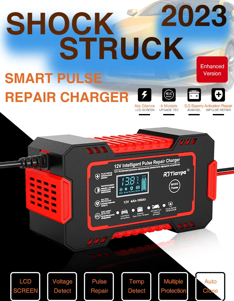 RJtianye European Standard 12V 6A Smart Pulse Repair Charger for SUV Motorcycle Charger LED Screen Display