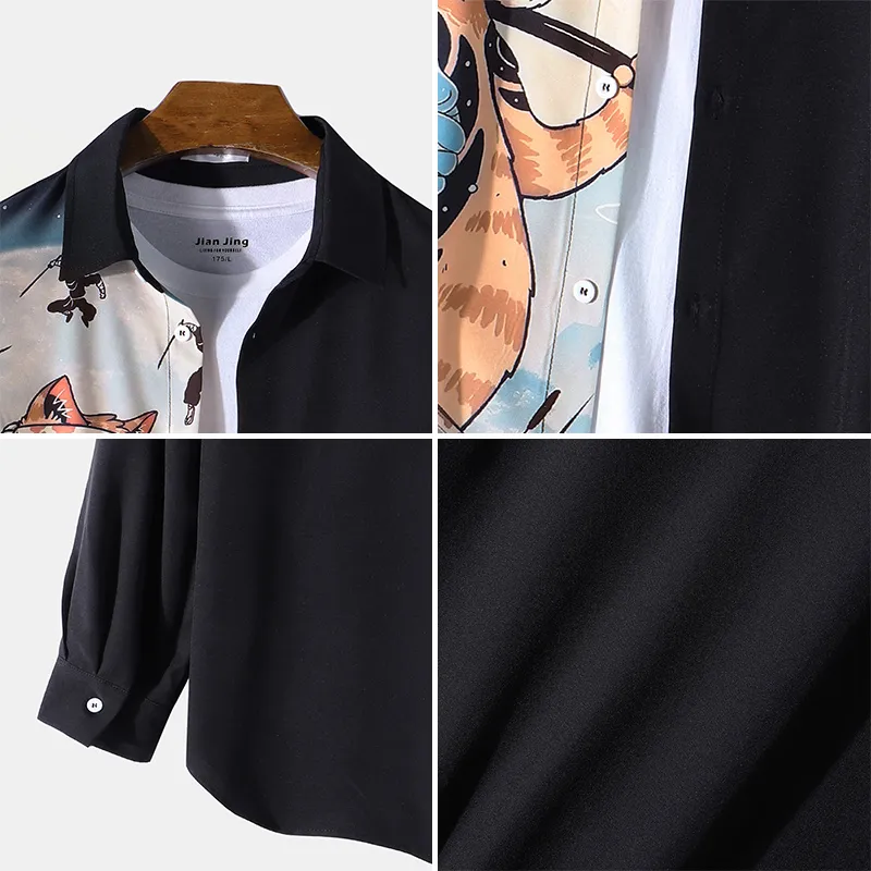ChArmkpR Mens Japanese Cat Fish Print Patchwork Long Sleeve Shirts ChArmkpR Mens Japanese Cat Fish Print Patchwork Long Sleeve Shirts