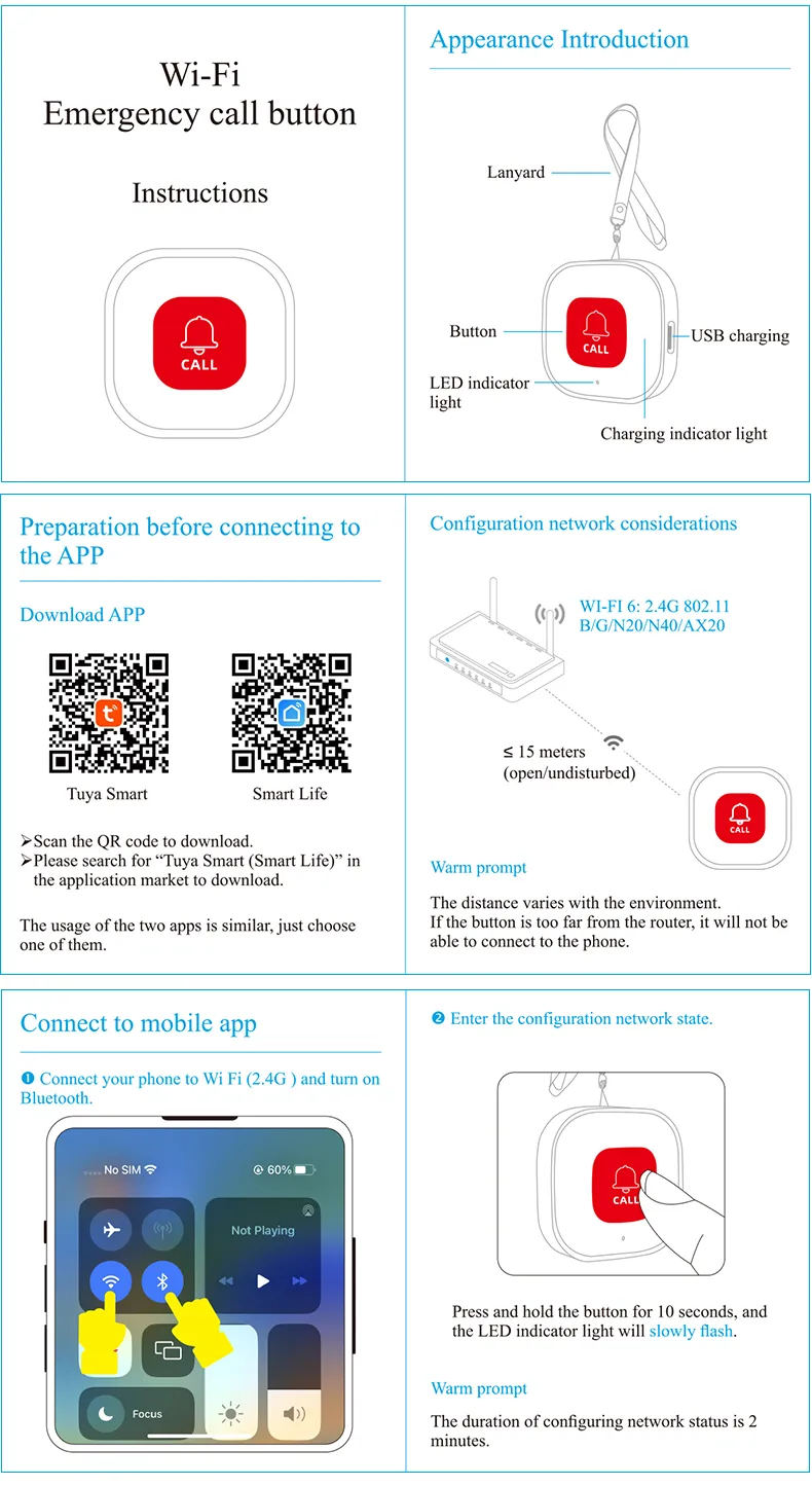 CF101W Tuya WiFi Emergency Alarm Button Rechargeable Elderly Emergency Panic Button Old Man Personal Self-help Smart APP Push